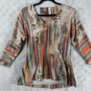 Cubism Women’s Boho Multicolor Striped V-Neck 3/4 Sleeve Flowy Tunic Top Soft XS